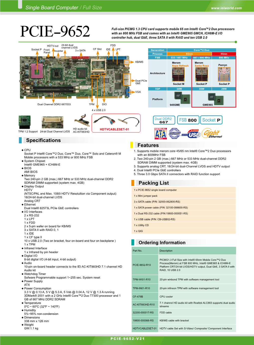 PCIE-9652 Controller Hub, Dual Gbe, Three SATA II with RAID and Ten USB 2.0