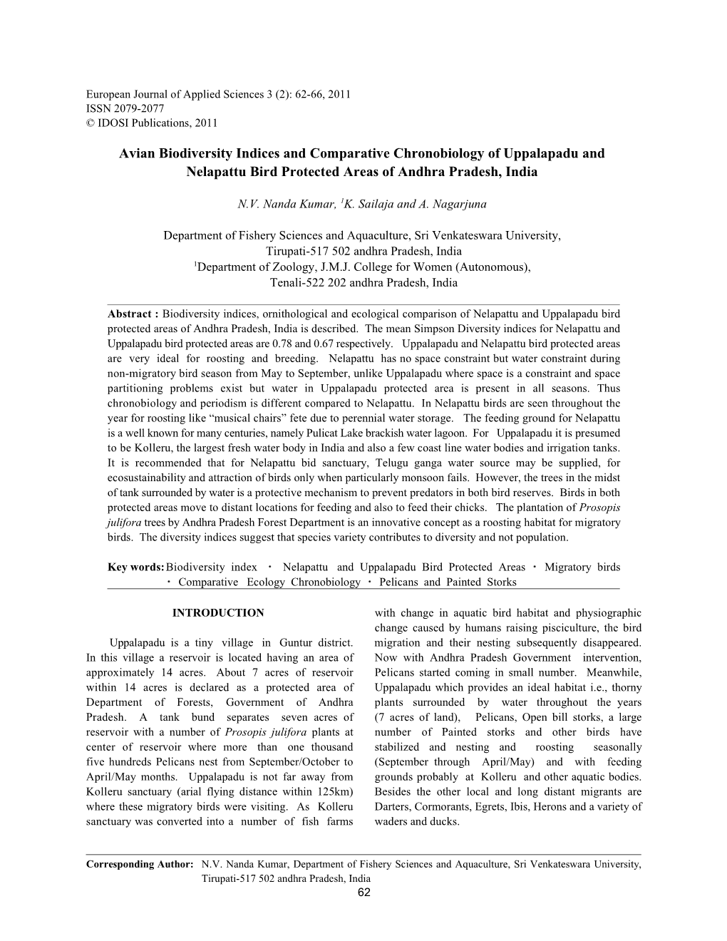 Avian Biodiversity Indices and Comparative Chronobiology of Uppalapadu and Nelapattu Bird Protected Areas of Andhra Pradesh, India