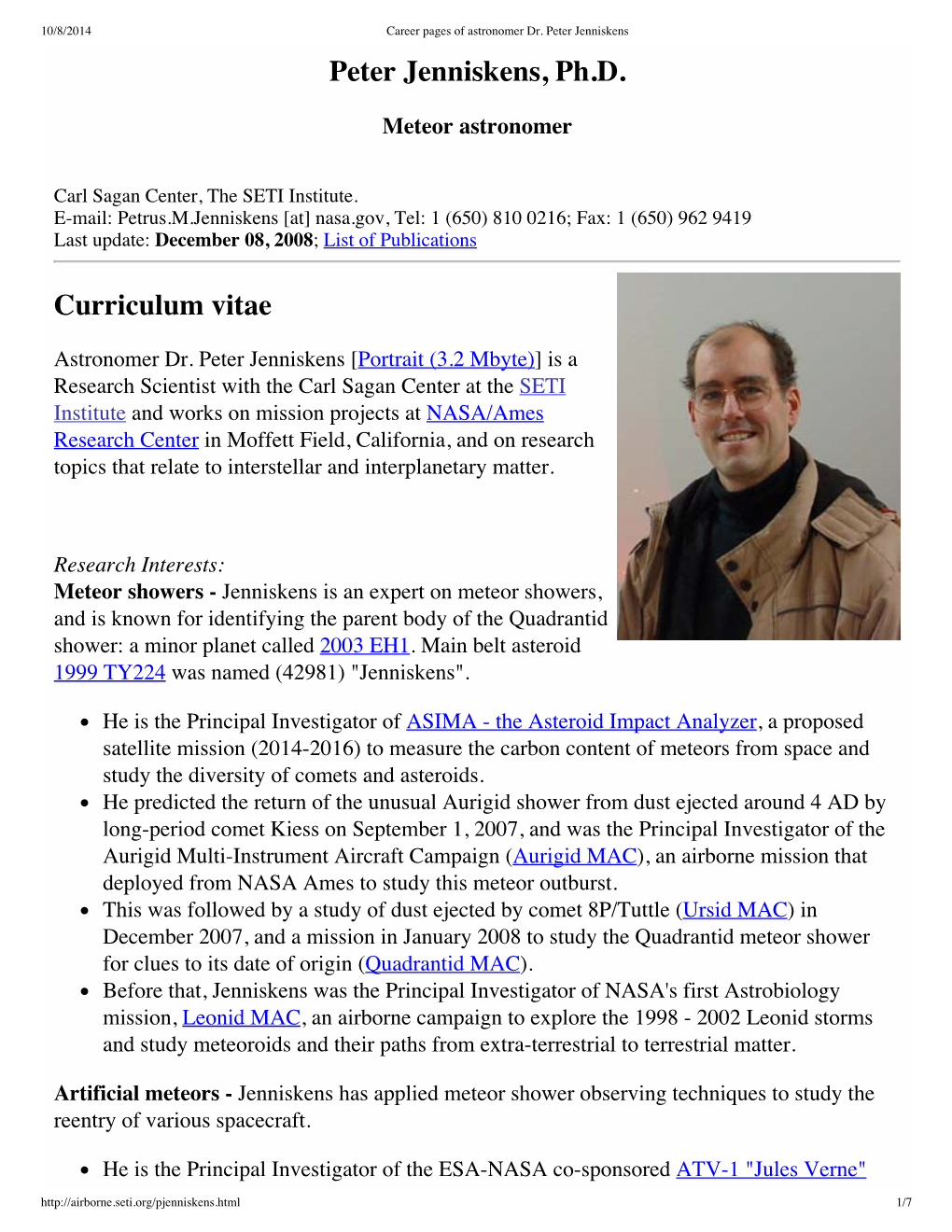 Career Pages of Astronomer Dr. Peter Jenniskens Peter Jenniskens, Ph.D