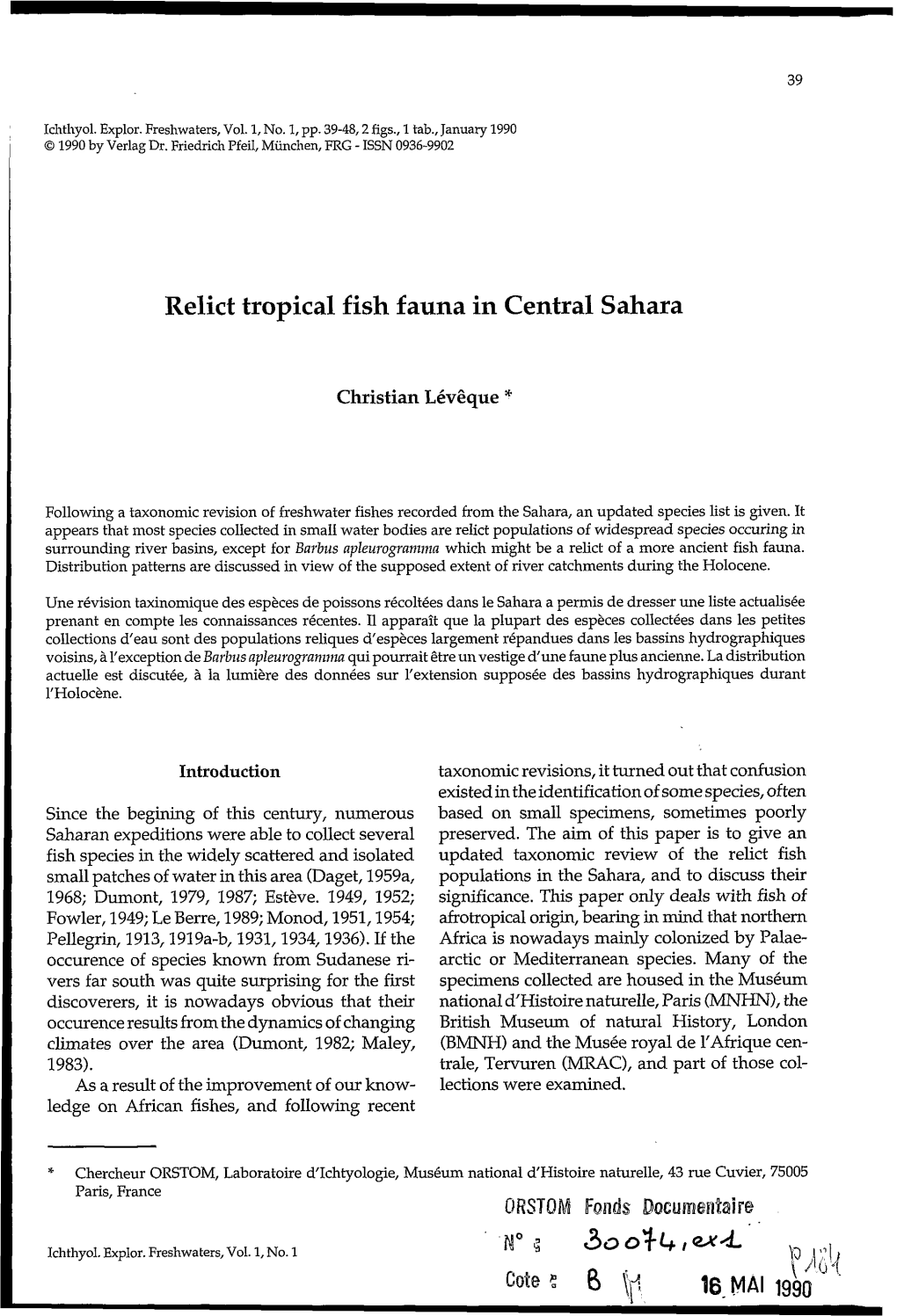 Relict Tropical Fish Fauna in Central Sahara