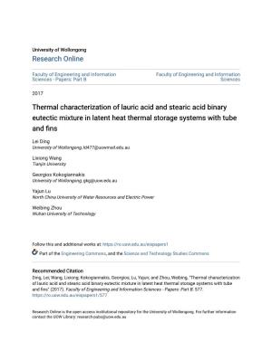 Thermal Characterization of Lauric Acid and Stearic Acid Binary Eutectic Mixture in Latent Heat Thermal Storage Systems with Tube and Fins