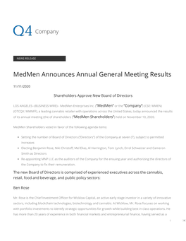 Medmen Announces Annual General Meeting Results