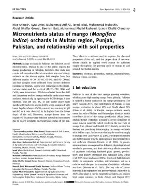 Micronutrients Status of Mango (Mangifera Indica) Orchards in Multan Region, Punjab, Pakistan, and Relationship with Soil Properties