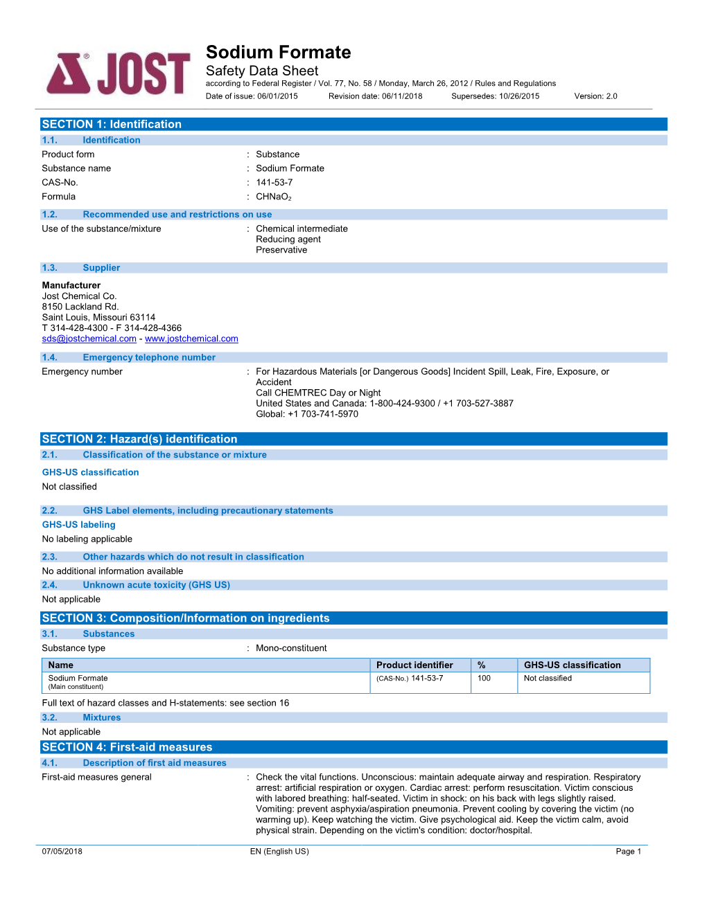 Sodium Formate Safety Data Sheet According to Federal Register / Vol