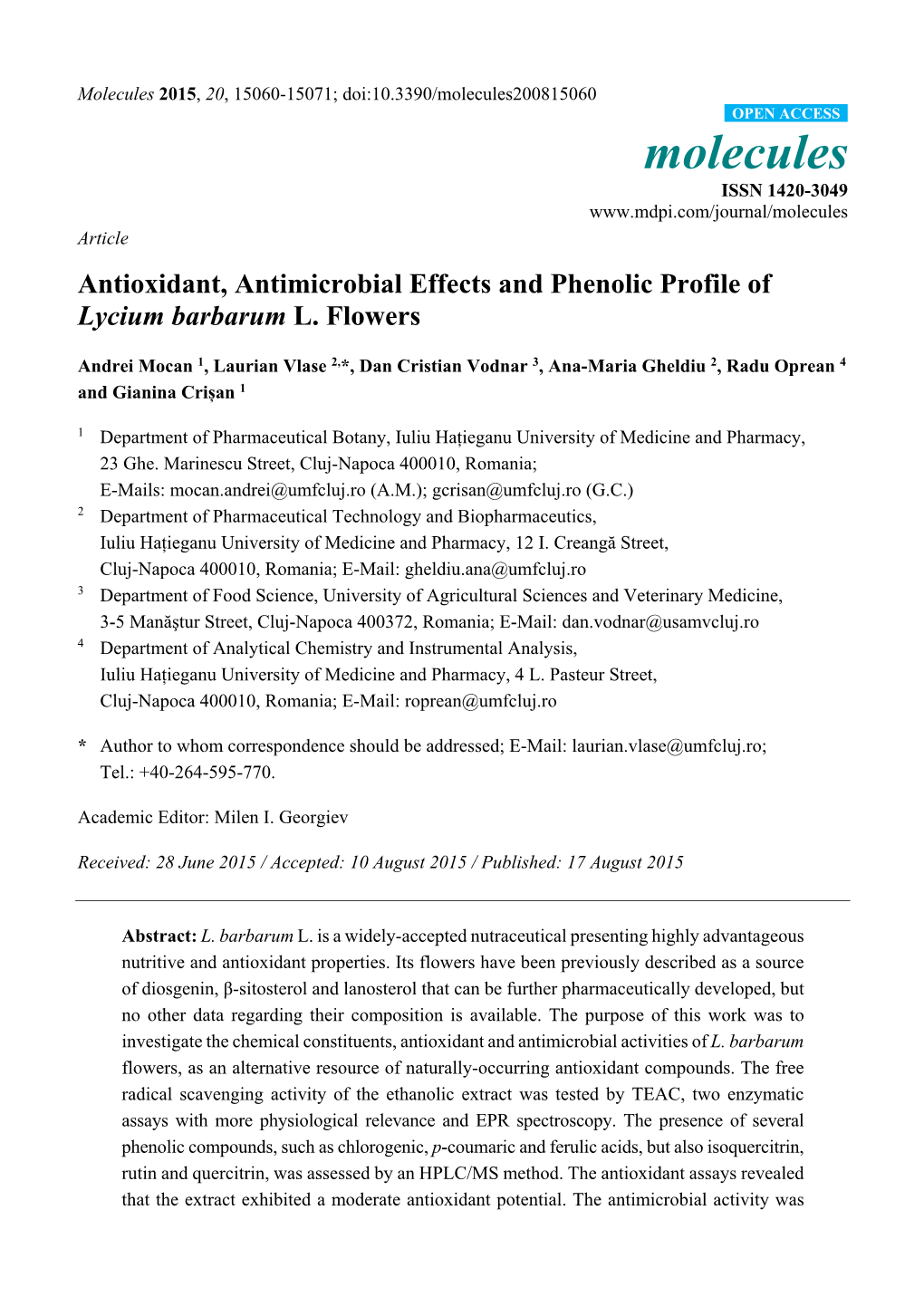 Antioxidant, Antimicrobial Effects and Phenolic Profile of Lycium Barbarum L