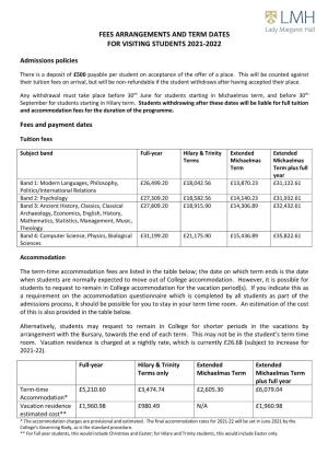 Fees Arrangements and Term Dates for Visiting Students 2021-2022