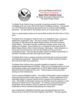 OUTREACH NOTICE IHC Senior Firefighter Baker River Hotshot Crew Mt