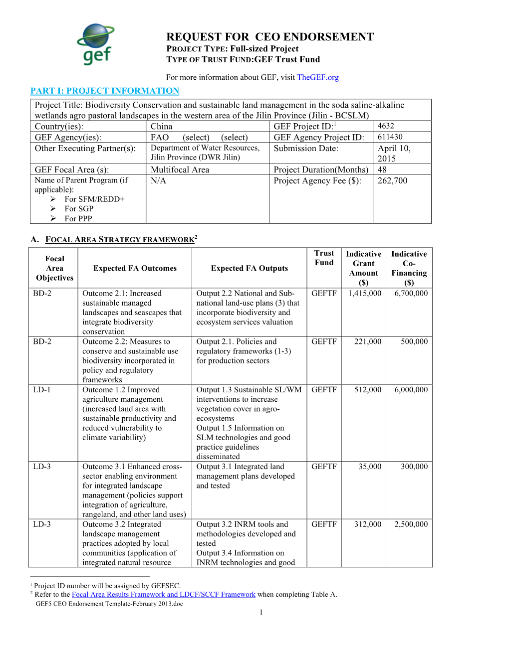 REQUEST for CEO ENDORSEMENT PROJECT TYPE: Full-Sized Project TYPE of TRUST FUND:GEF Trust Fund