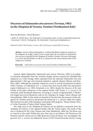 Discovery of Salamandra Atra Aurorae (Trevisan, 1982) on the Altopiano Di Vezzena, Trentino (Northeastern Italy)