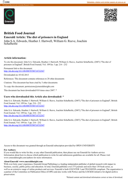 British Food Journal Emerald Article: the Diet of Prisoners in England John S.A