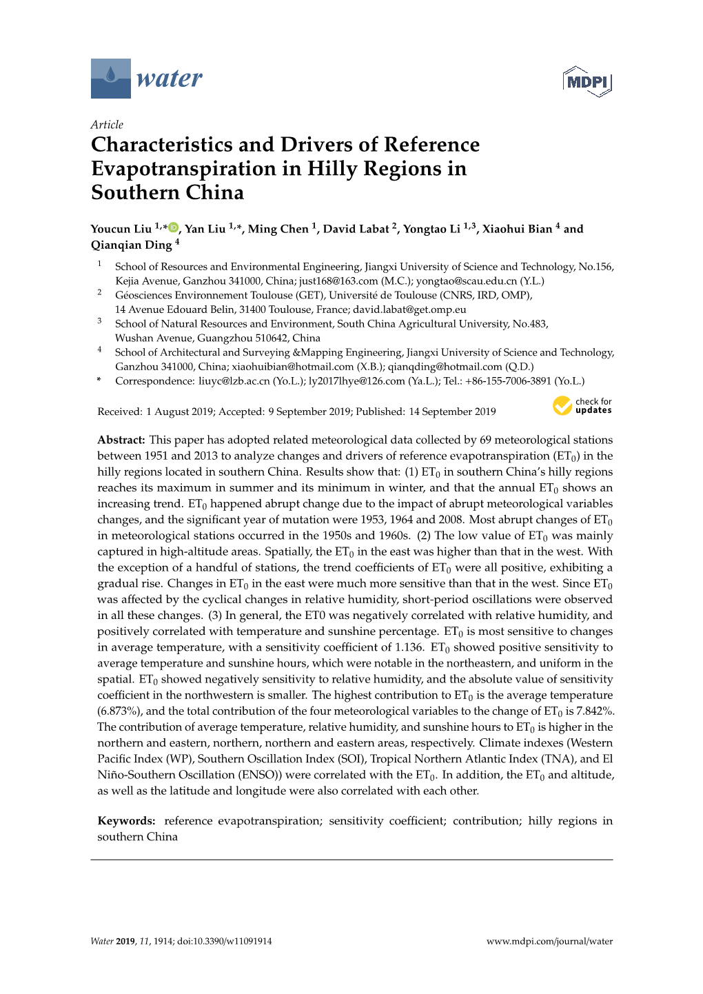 Characteristics and Drivers of Reference Evapotranspiration in Hilly Regions in Southern China