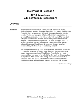 Lesson 4 TEB International US Territories/Possessions