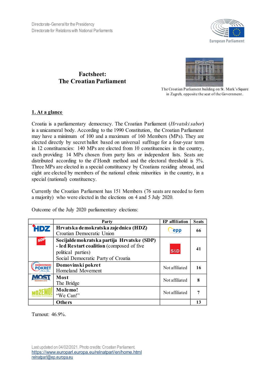 Factsheet: the Croatian Parliament