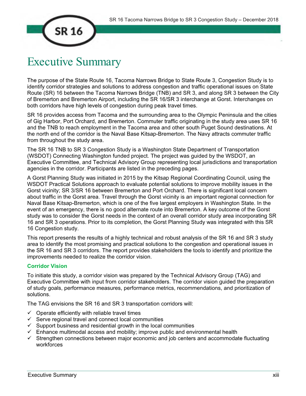 SR 16 Tacoma Narrows Bridge to SR 3 Congestion Study – December 2018