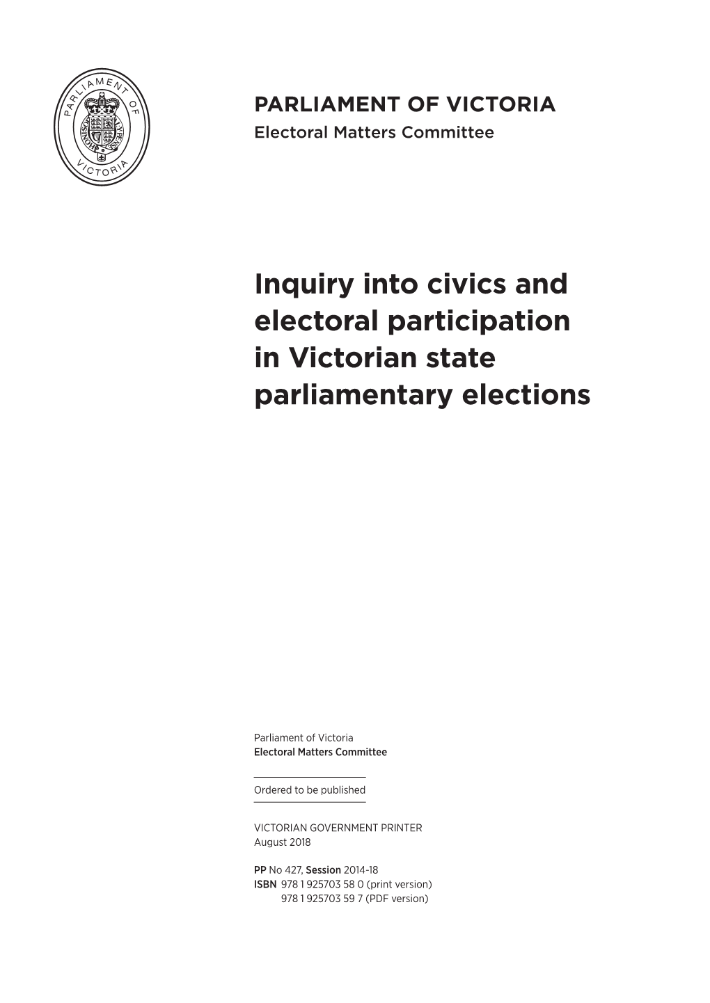 Inquiry Into Civics and Electoral Participation in Victorian State Parliamentary Elections