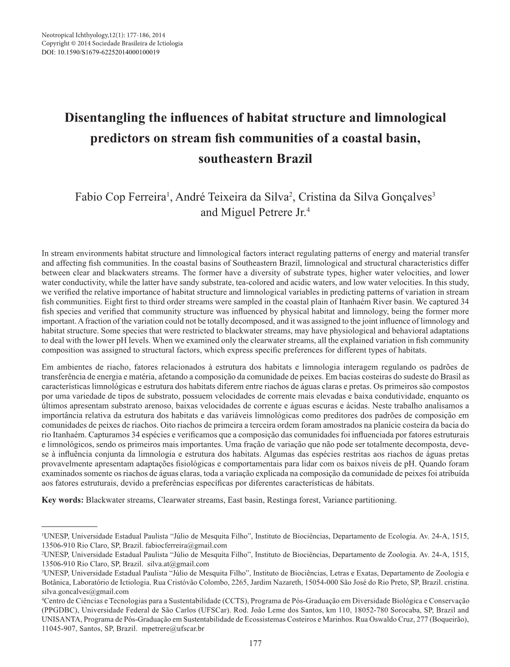 Disentangling the Influences of Habitat Structure and Limnological Predictors on Stream Fish Communities of a Coastal Basin, Southeastern Brazil