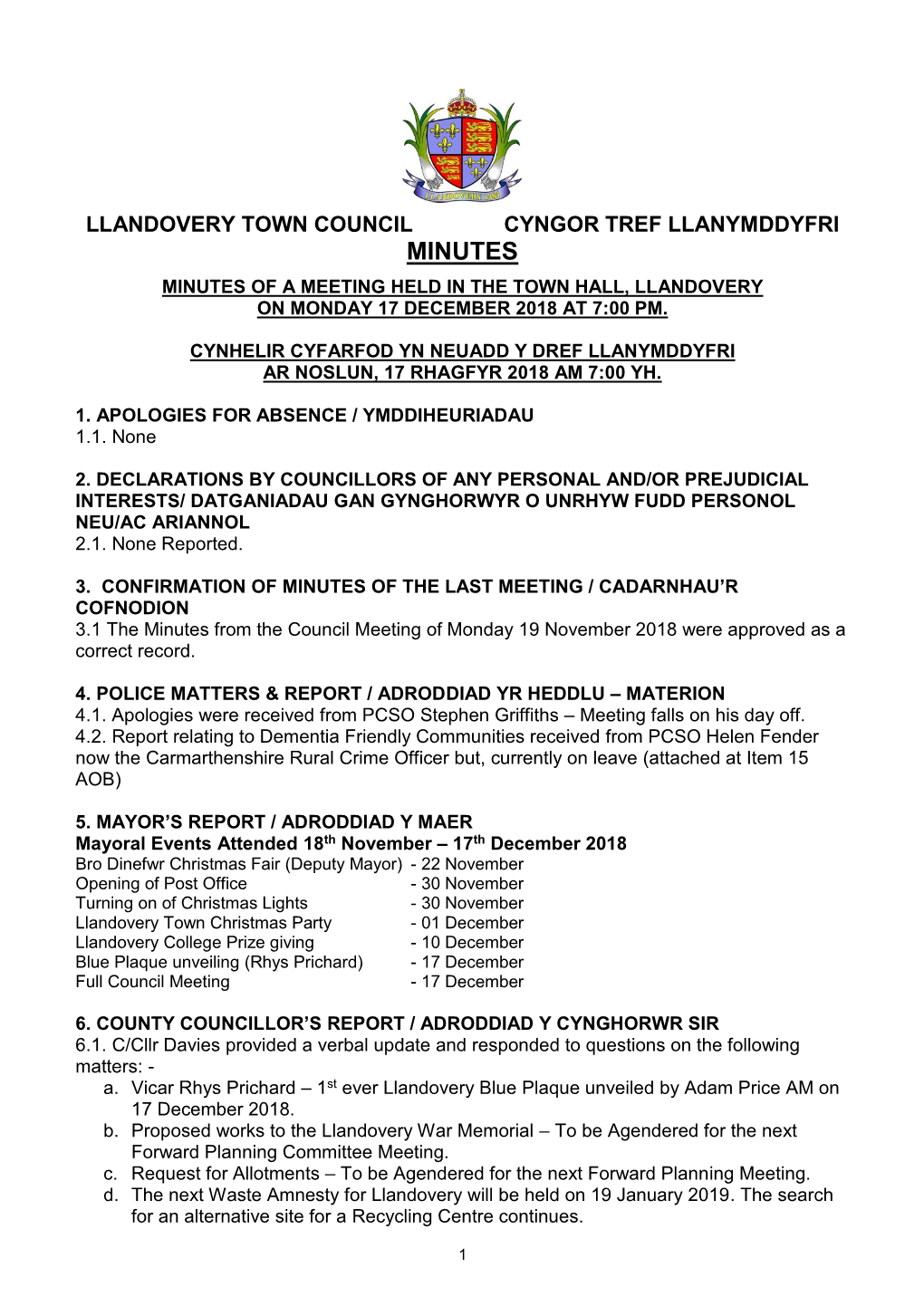 Llandovery Town Council Cyngor Tref Llanymddyfri Minutes