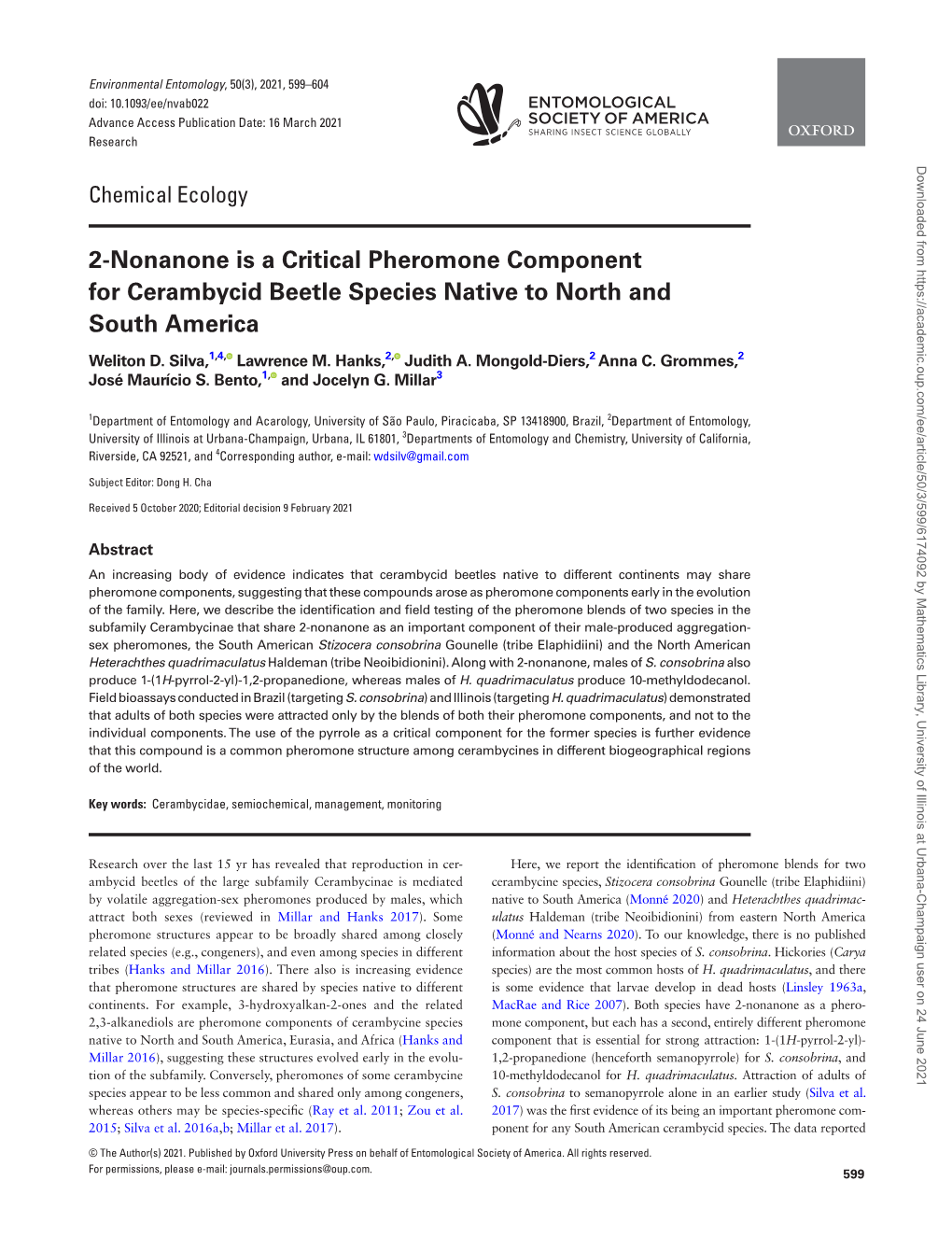 2-Nonanone Is a Critical Pheromone Component for Cerambycid Beetle Species Native to North and South America