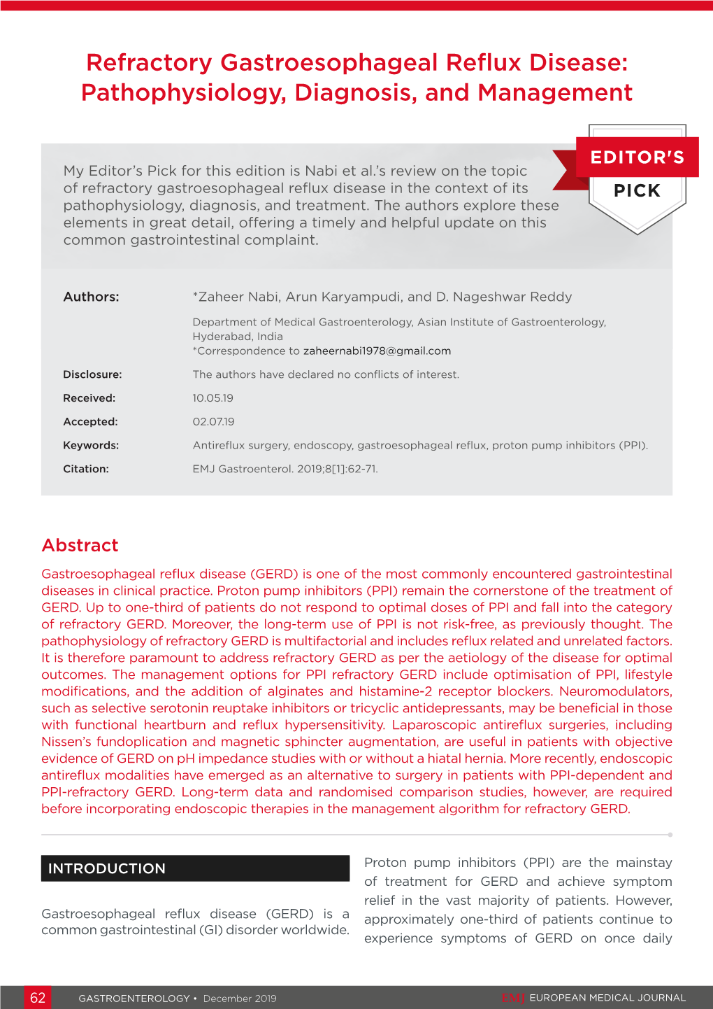 Refractory Gastroesophageal Reflux Disease: Pathophysiology, Diagnosis, and Management