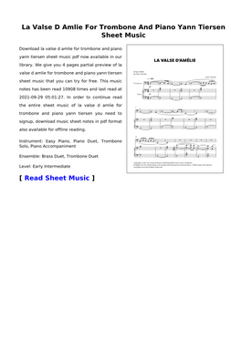 La Valse D Amlie for Trombone and Piano Yann Tiersen Sheet Music