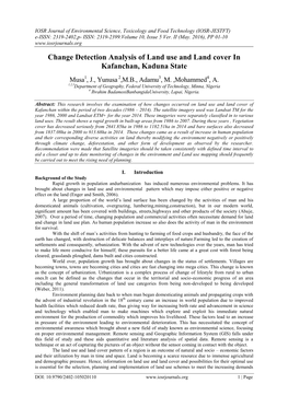 Change Detection Analysis of Land Use and Land Cover in Kafanchan, Kaduna State