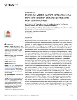 Profiling of Volatile Fragrant Components in a Mini-Core Collection of Mango Germplasms from Seven Countries