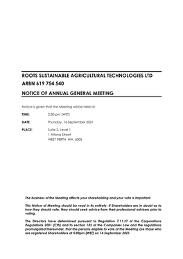 Roots Sustainable Agricultural Technologies Ltd Arbn 619 754 540 Notice of Annual General Meeting