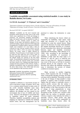 Landslide Susceptibility Assessment Using Statistical Models: a Case Study in Badulla District, Sri Lanka