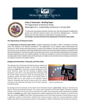 Crisis in Venezuela – Briefing Paper the Organization of American States Washington D.C., United States of America • 10 July 2019