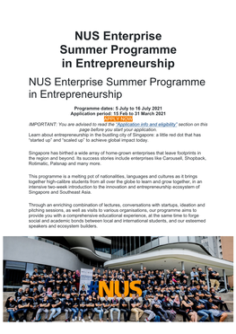 NUS Enterprise Summer Programme in Entrepreneurship NUS Enterprise Summer Programme in Entrepreneurship