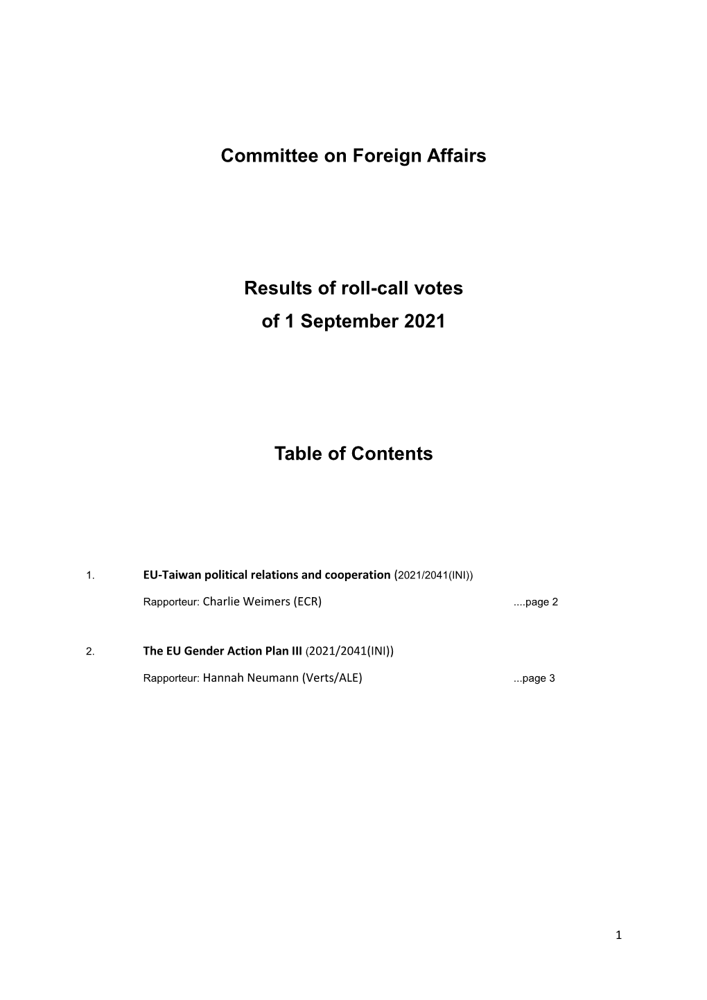 Committee on Foreign Affairs Results of Roll-Call Votes of 1 September