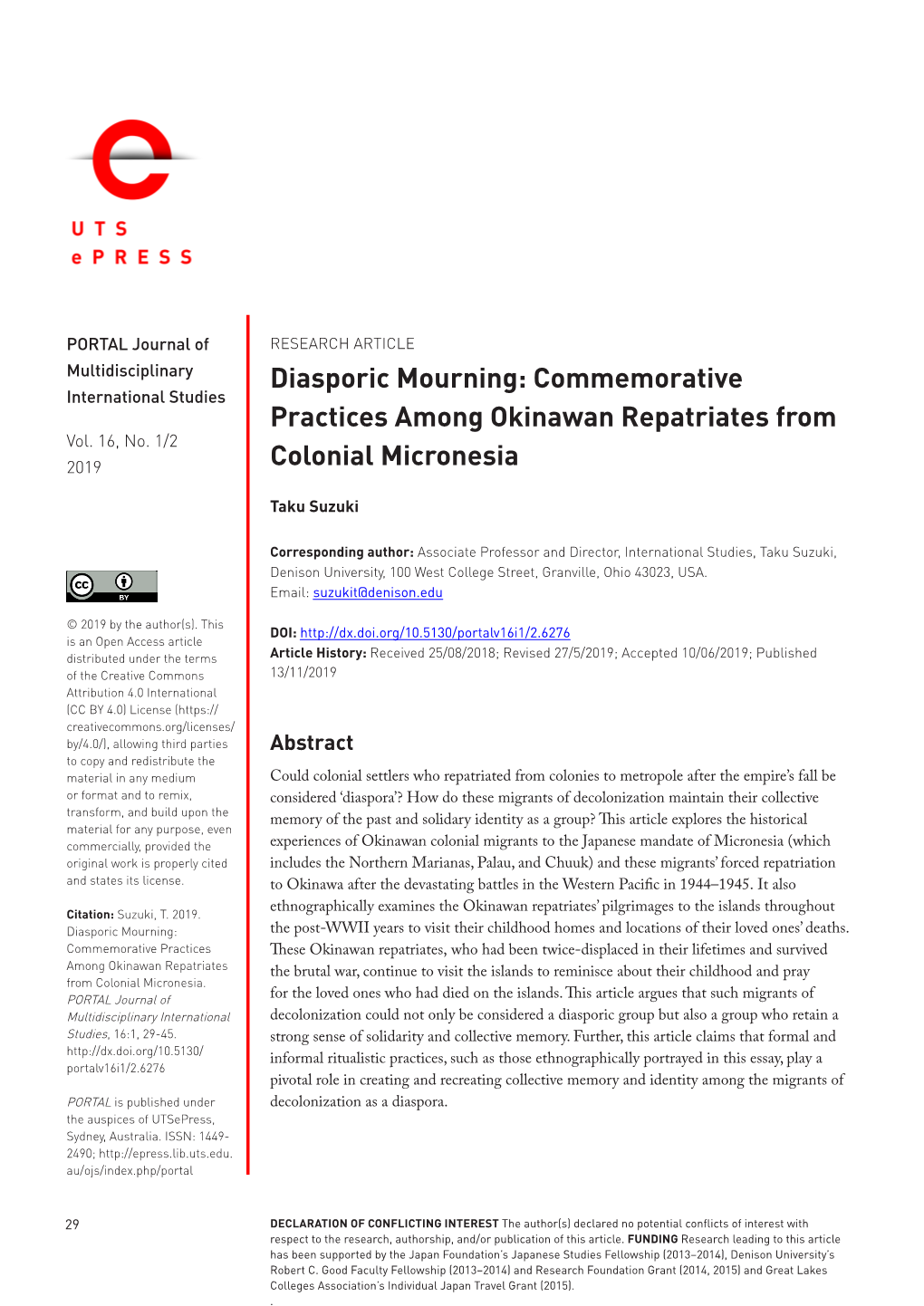 Diasporic Mourning: Commemorative International Studies Practices Among Okinawan Repatriates from Vol