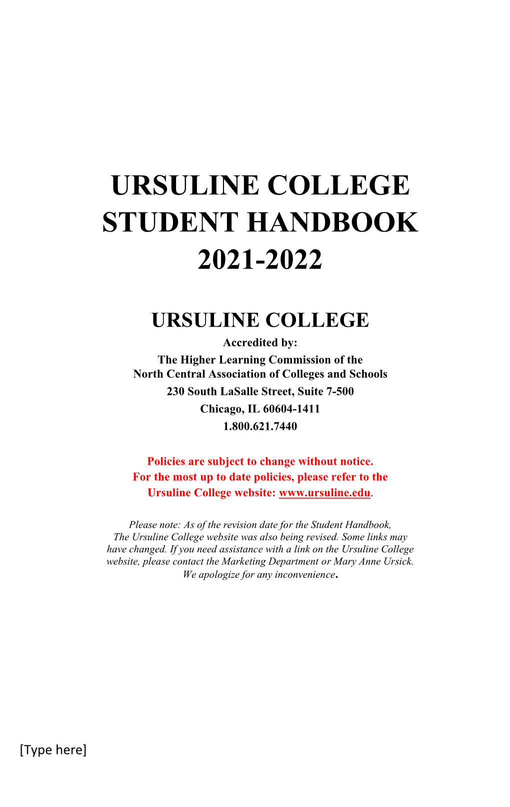 Ursuline College Student Handbook 2021-2022