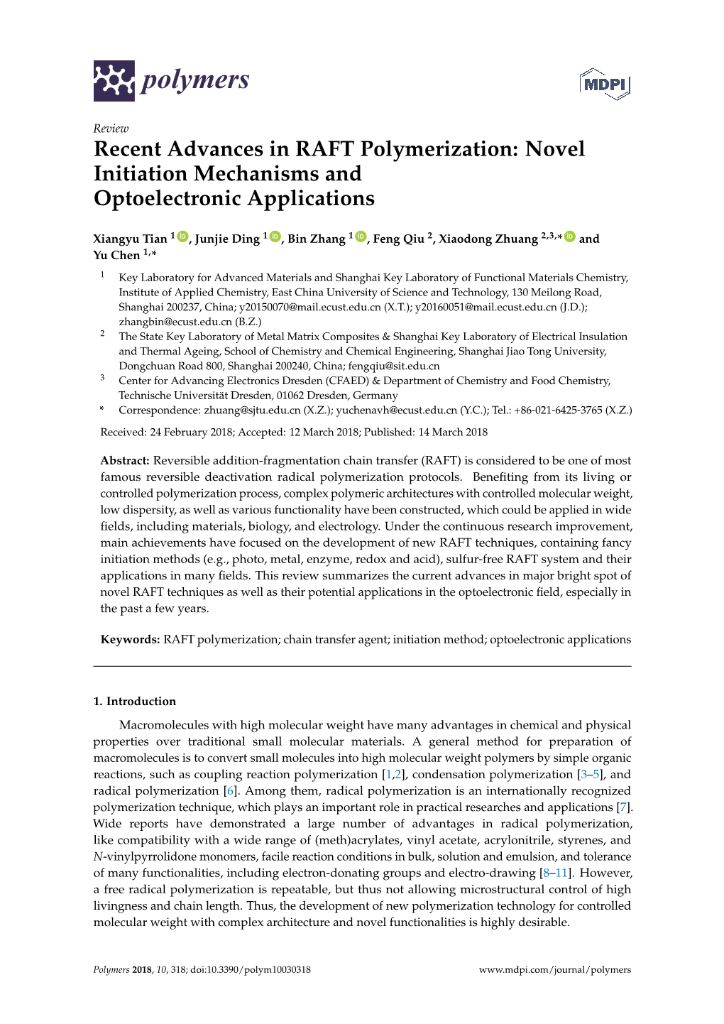 Recent Advances in RAFT Polymerization: Novel Initiation Mechanisms and Optoelectronic Applications