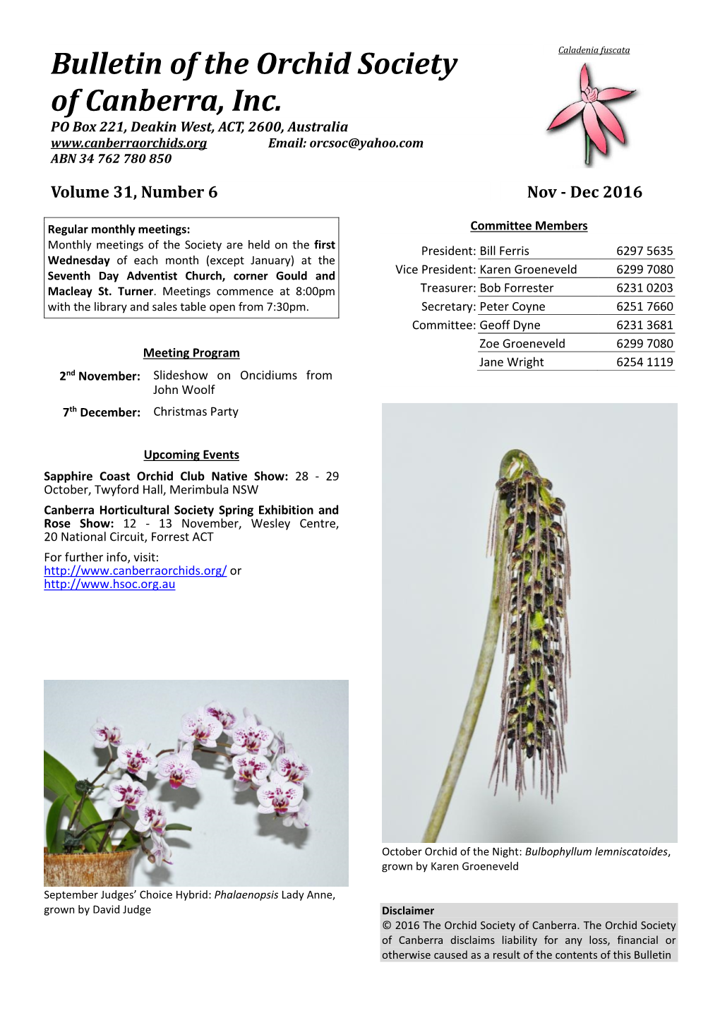 Bulletin of the Orchid Society of Canberra, Inc