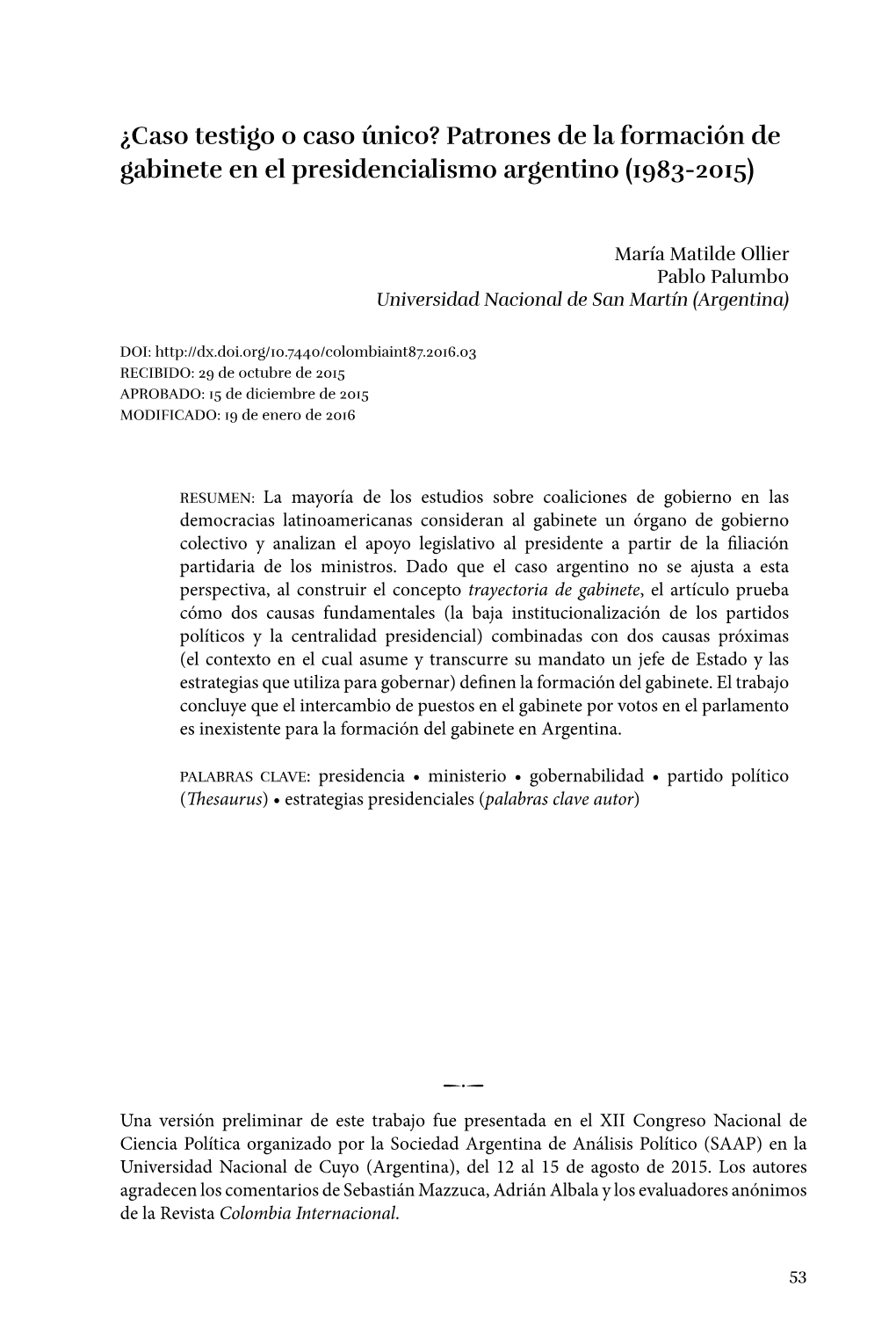 Patrones De La Formación De Gabinete En El Presidencialismo Argentino (1983-2015)
