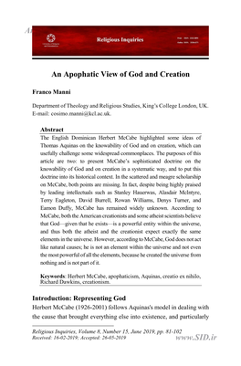 An Apophatic View of God and Creation