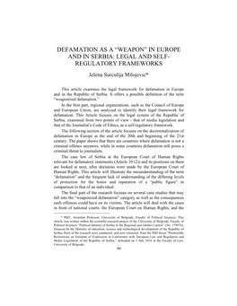 Defamation As a “Weapon” in Europe and in Serbia: Legal and Self- Regulatory Frameworks