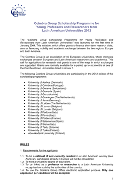 Coimbra Group Scholarship Programme for Young Professors and Researchers from Latin American Universities 2012