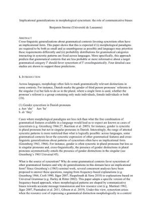 1 Implicational Generalizations in Morphological Syncretism: the Role of Communicative Biases Benjamin Storme (Université De La