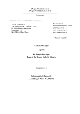 Criminal Charges Against Dr. Joseph Ratzinger, Pope of the Roman Catholic Church