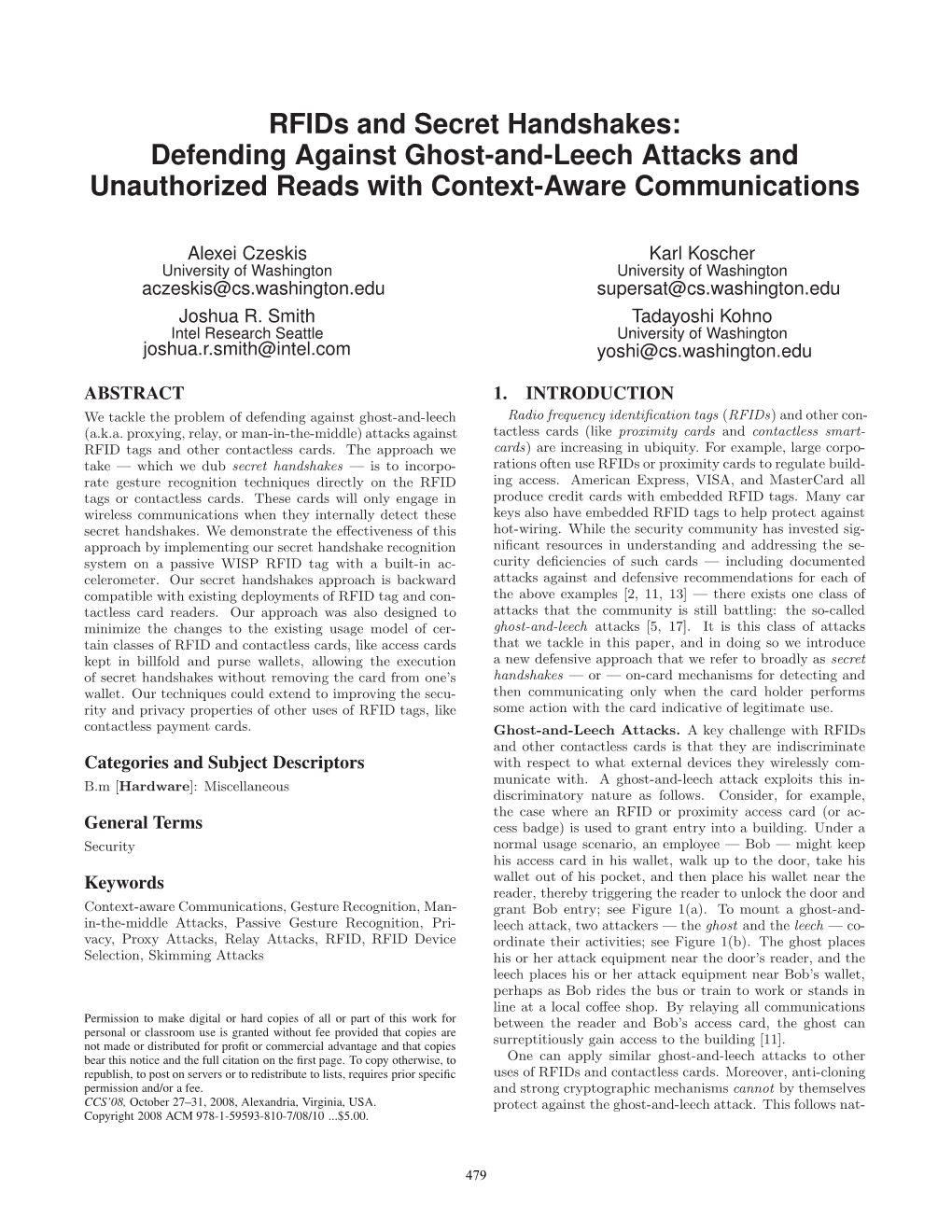 Rfids and Secret Handshakes: Defending Against Ghost-And-Leech Attacks and Unauthorized Reads with Context-Aware Communications