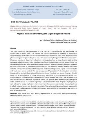 Myth As a Means of Ordering and Organizing Social Reality