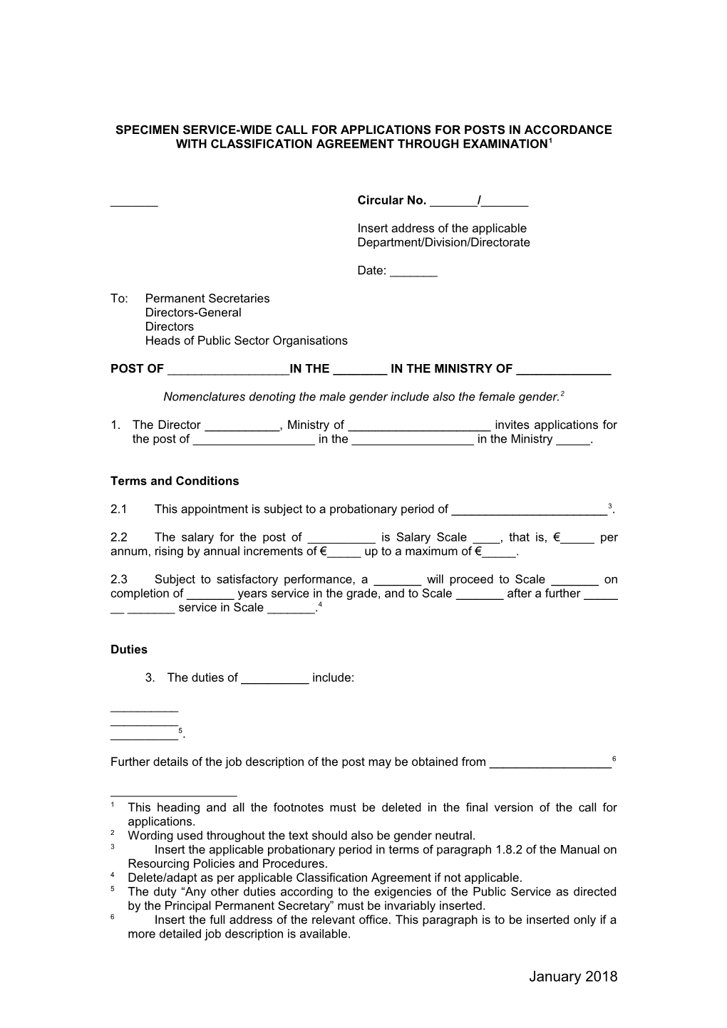 Specimen Public Call for Applications for the Filling of Posts in Accordance with Classification