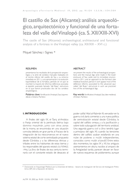 El Castillo De Sax (Alicante): Análisis Arqueoló- Gico, Arquitectónico Y Funcional De Una Forta- Leza Del Valle Del Vinalopó (Ca