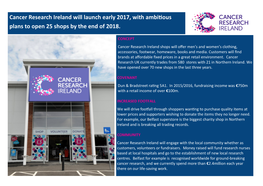 Cancer Research Ireland Will Launch Early 2017, with Ambitious Plans to Open 25 Shops by the End of 2018