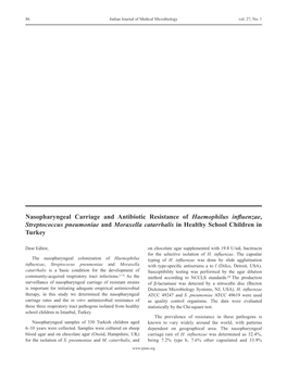 Nasopharyngeal Carriage and Antibiotic Resistance of Haemophilus Influenzae, Streptococcus Pneumoniae and Moraxella Catarrhalis
