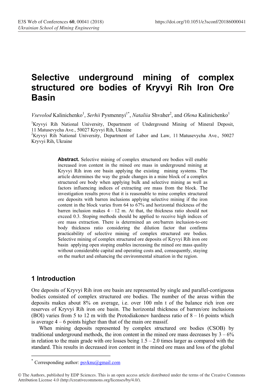 Selective Underground Mining of Complex Structured Ore Bodies of Kryvyi Rih Iron Ore Basin