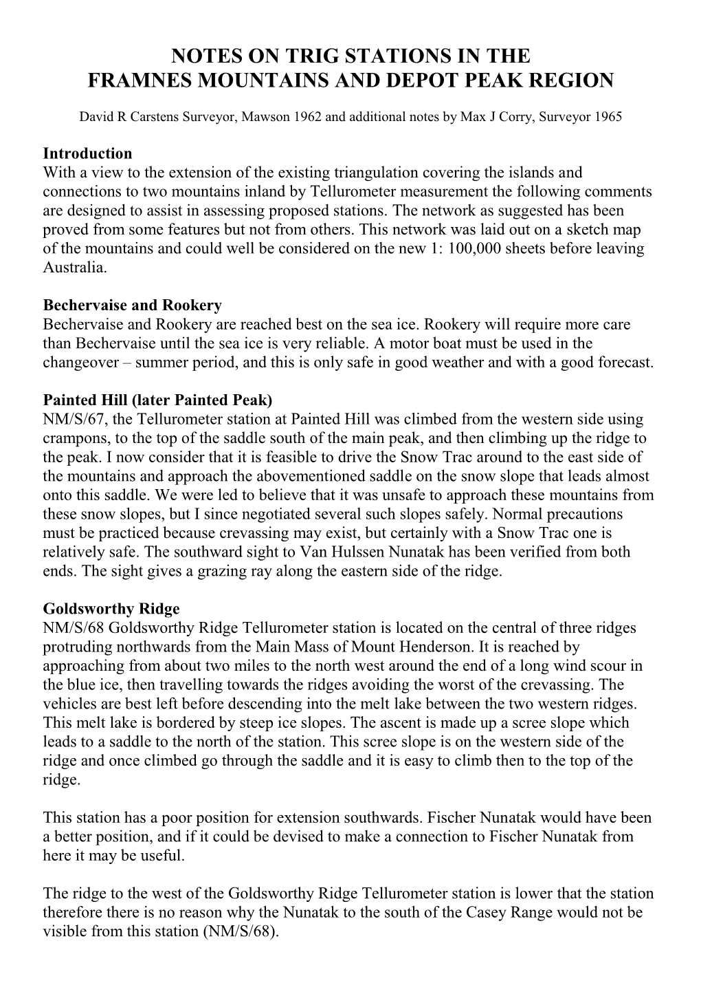 Notes on Trig Stations in the Framnes Mountains and Depot Peak Region