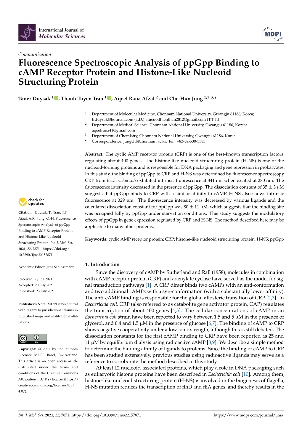 Fluorescence Spectroscopic Analysis of Ppgpp Binding to Camp Receptor Protein and Histone-Like Nucleoid Structuring Protein